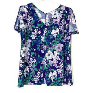 Liz Claiborne | Violet Floral Blouse Slit Sleeve V-Neck Office Womens NWT